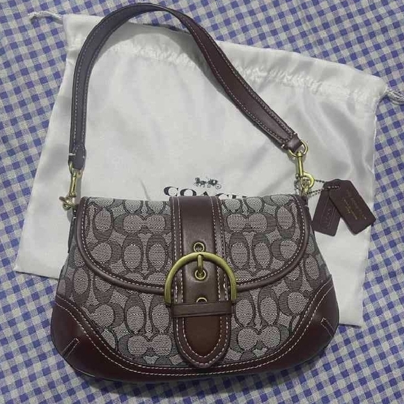 Coach Signature Canvas Saddle Bag in Brown and Taupe with Brass Buckle
